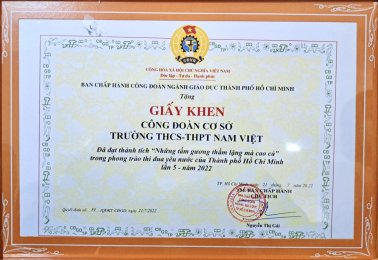 Công đoàn Trường THCS-THPT Nam Việt vinh dự được tuyên dương, khen thưởng.